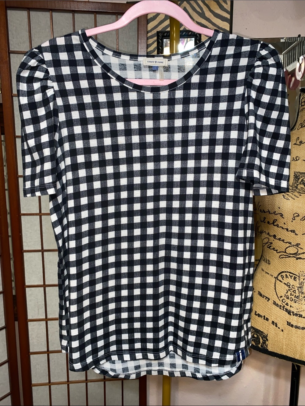 COURT & ROWE Black and White Gingham Puff Sleeve Tee